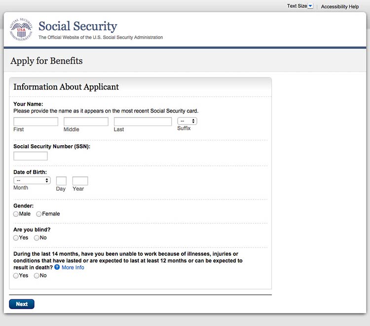 Screenshot of medicare.gov Apply for Benefits page