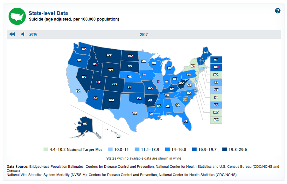 State-level Data for suicide, per 100,000 population, in 2017.