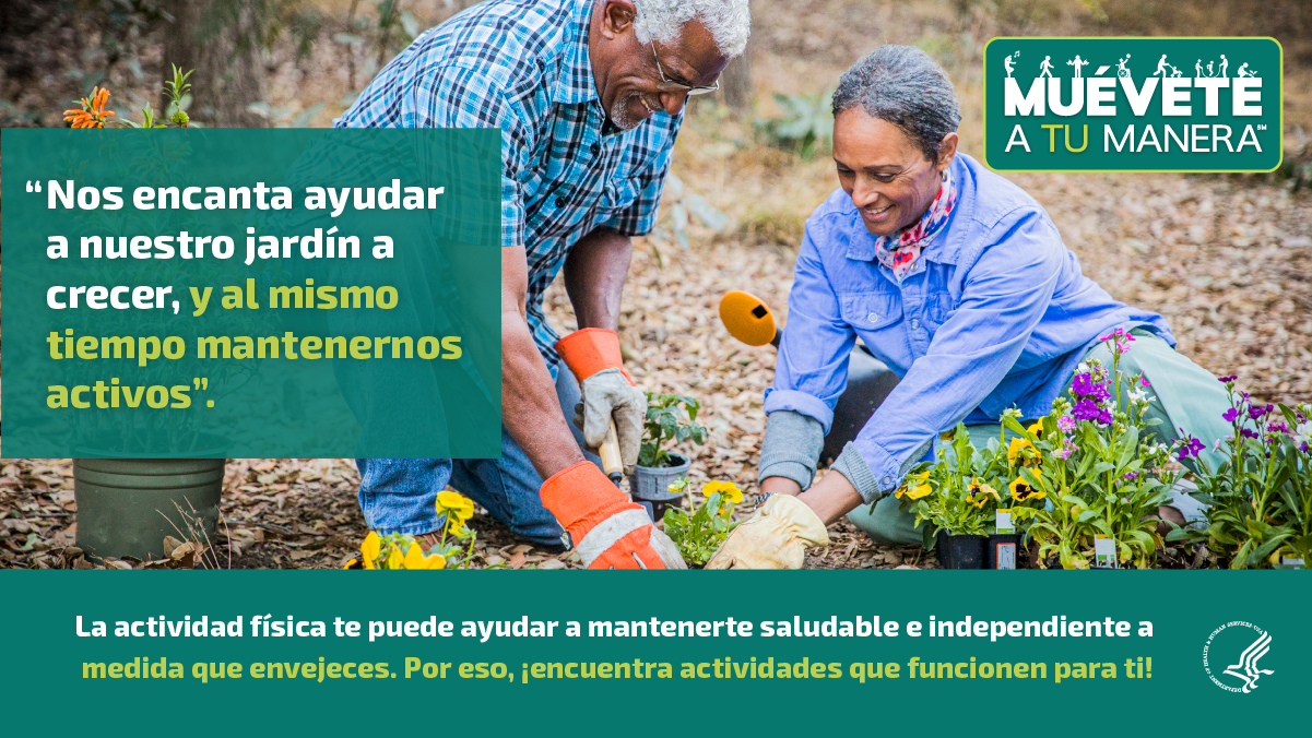 Una pareja de adultos mayores de raza negra jardinean juntos. Están rodeados de flores amarillas y púrpuras en macetas. La imagen también muestra el logo de “Muévete a tu manera” y los siguientes mensajes: “Nos encanta ayudar a nuestro jardín a crecer, y al mismo tiempo mantenernos activos”, y “La actividad física te puede ayudar a mantener saludable e independiente a medida que envejeces. Por eso, ¡encuentra actividades que funcionen para ti!".