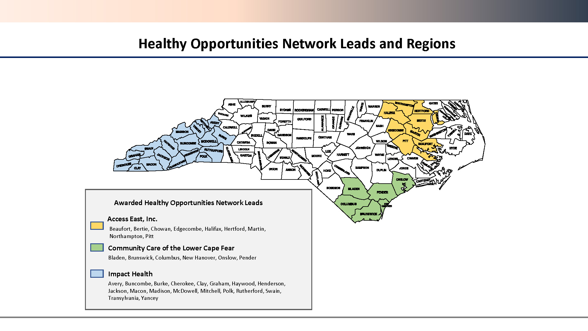 Map of North Carolina regions color coded by network leads