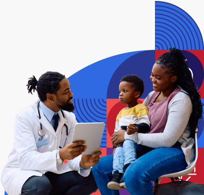 A Black male provider bends down to speak with a Black woman and her young child.