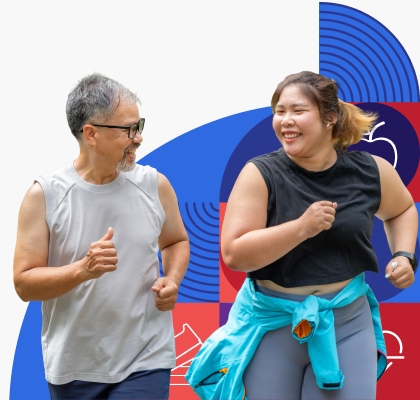 A man and woman smile at each other while jogging.
