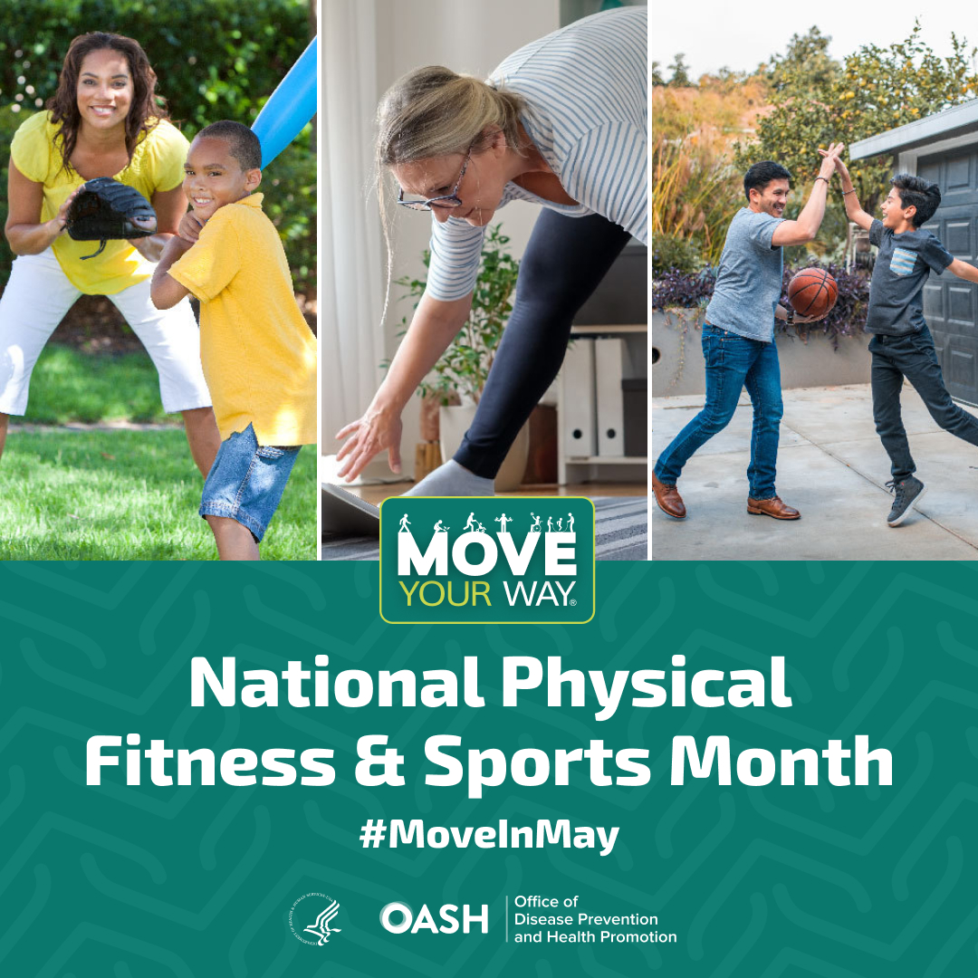 Promotional graphic for National Physical Fitness & Sports Month and Move Your Way