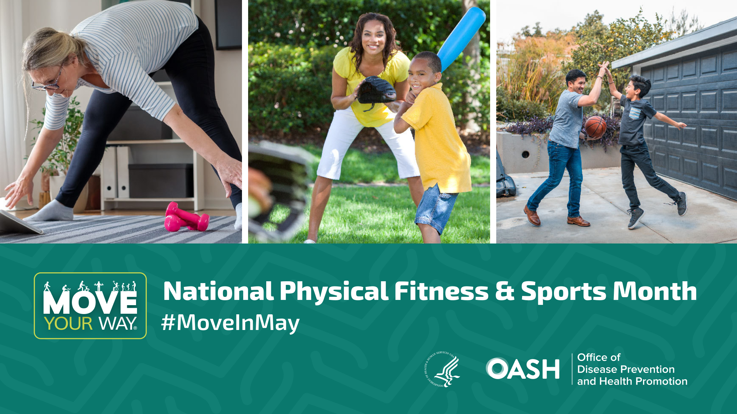 Promotional Twitter graphic for National Physical Fitness & Sports Month and Move Your Way