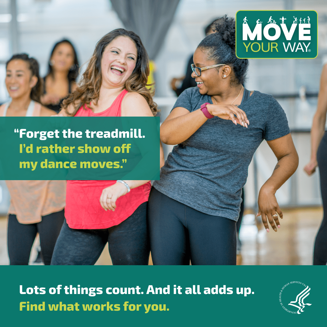 MYW graphic featuring women dancing at an exercise class.