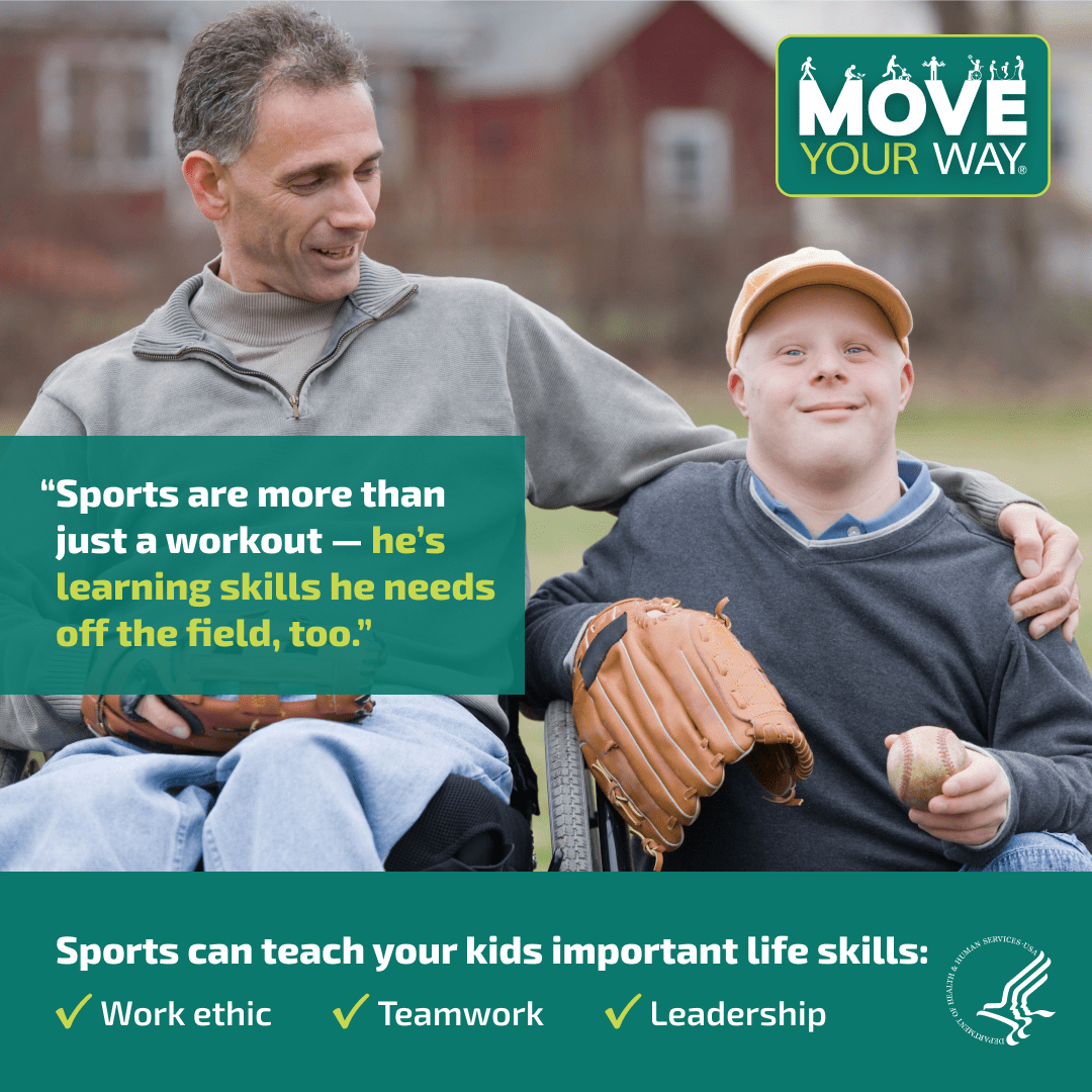 Promotional MYW graphic for parents that reads "Sports are more than just a workout — he's learning skills he needs off the field, too."