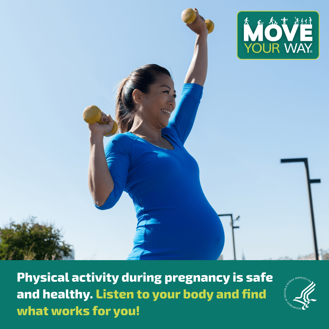 Promotional MYW graphic featuring a pregnant woman lifting dumb bells outside. 