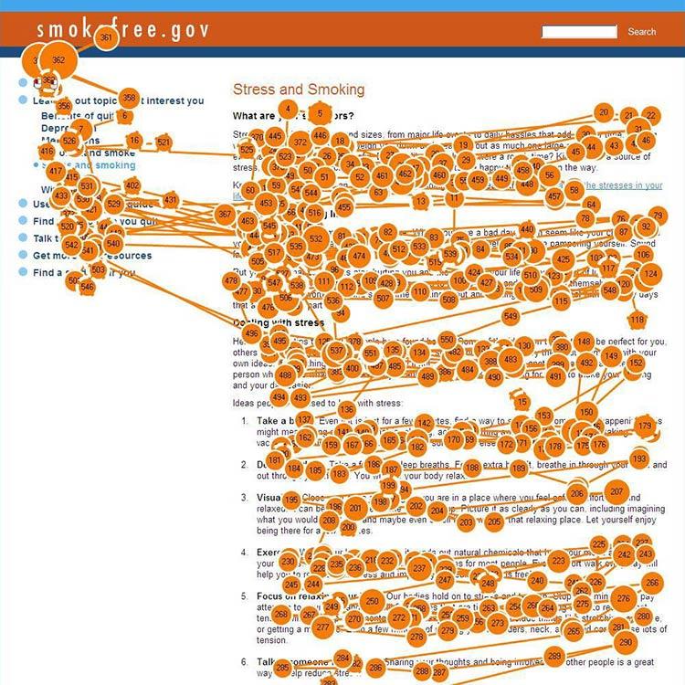 Screenshot of an eye tracking study with a user who has limited literacy, reading a page on smokefree.gov