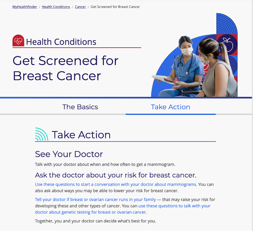 Screenshot of the MyHealthfinder “Get Screened for Breast Cancer” page.