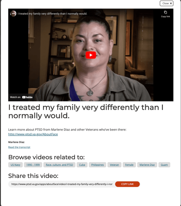 Screenshot of a U.S. Department of Veterans Affairs (VA) AboutFace page where users can view and share a video.