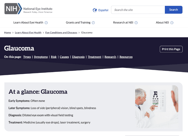 Screenshot of the NEI “Glaucoma” page.