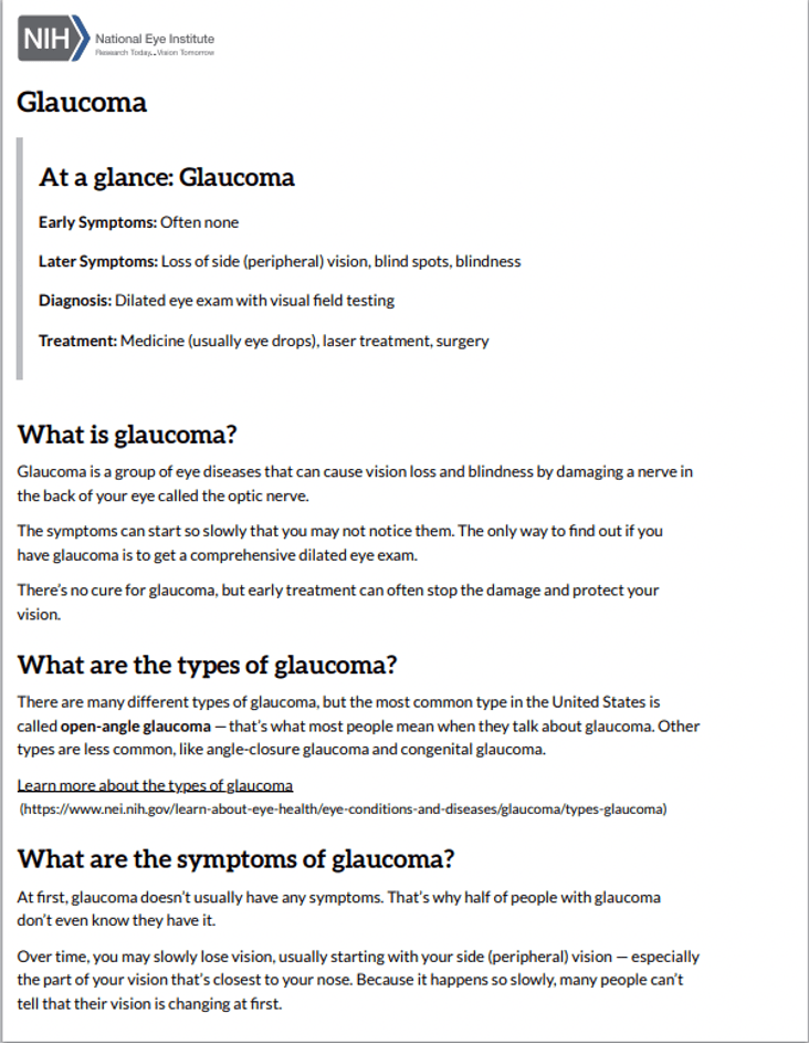 Screenshot of the “Glaucoma” page in print view.