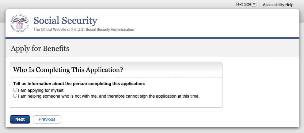Screenshot of the online form to apply for Social Security benefits, provided by the U.S. Social Security Administration (SSA).