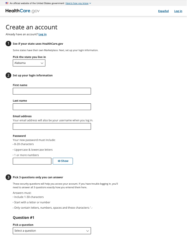 Screenshot of the HealthCare.gov registration page.
