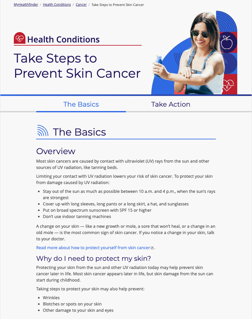 Screenshot of the MyHealthfinder “Take Steps to Prevent Skin Cancer” page.