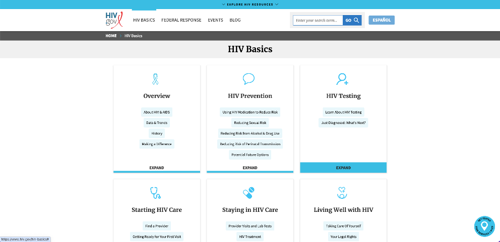 Screenshot of the “HIV Basics” page on HIV.gov, as it looks on a computer screen.