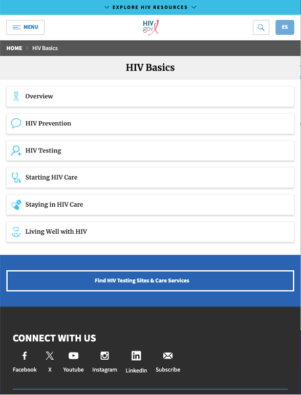 Screenshot of the “HIV Basics” page on HIV.gov, displayed on a mobile device.