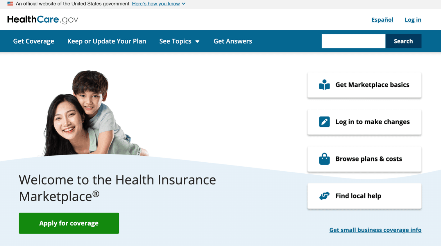 Screenshot of a healthcare.gov page.