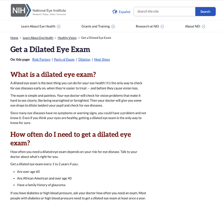 Screenshot of the NEI “Get a Dilated Eye Exam” page.