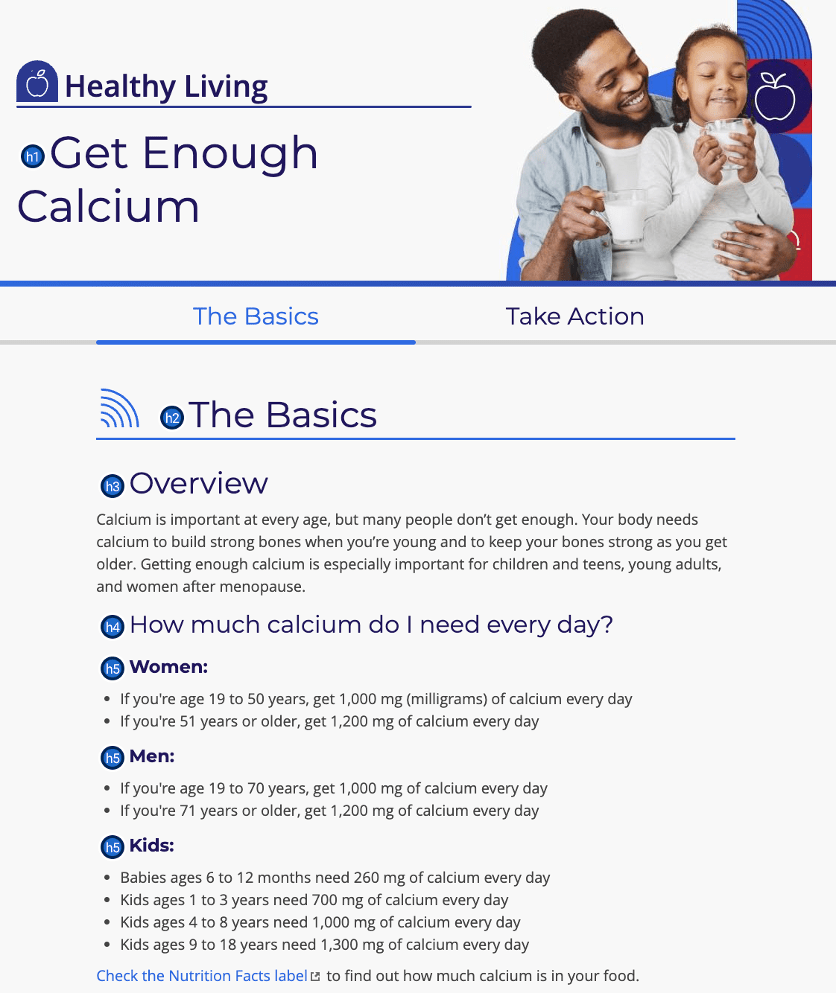Screenshot of the MyHealthfinder “Get Enough Calcium” page, with header levels H1 to H5 visible.