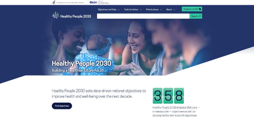 Screenshot of the Healthy People 2030 homepage.