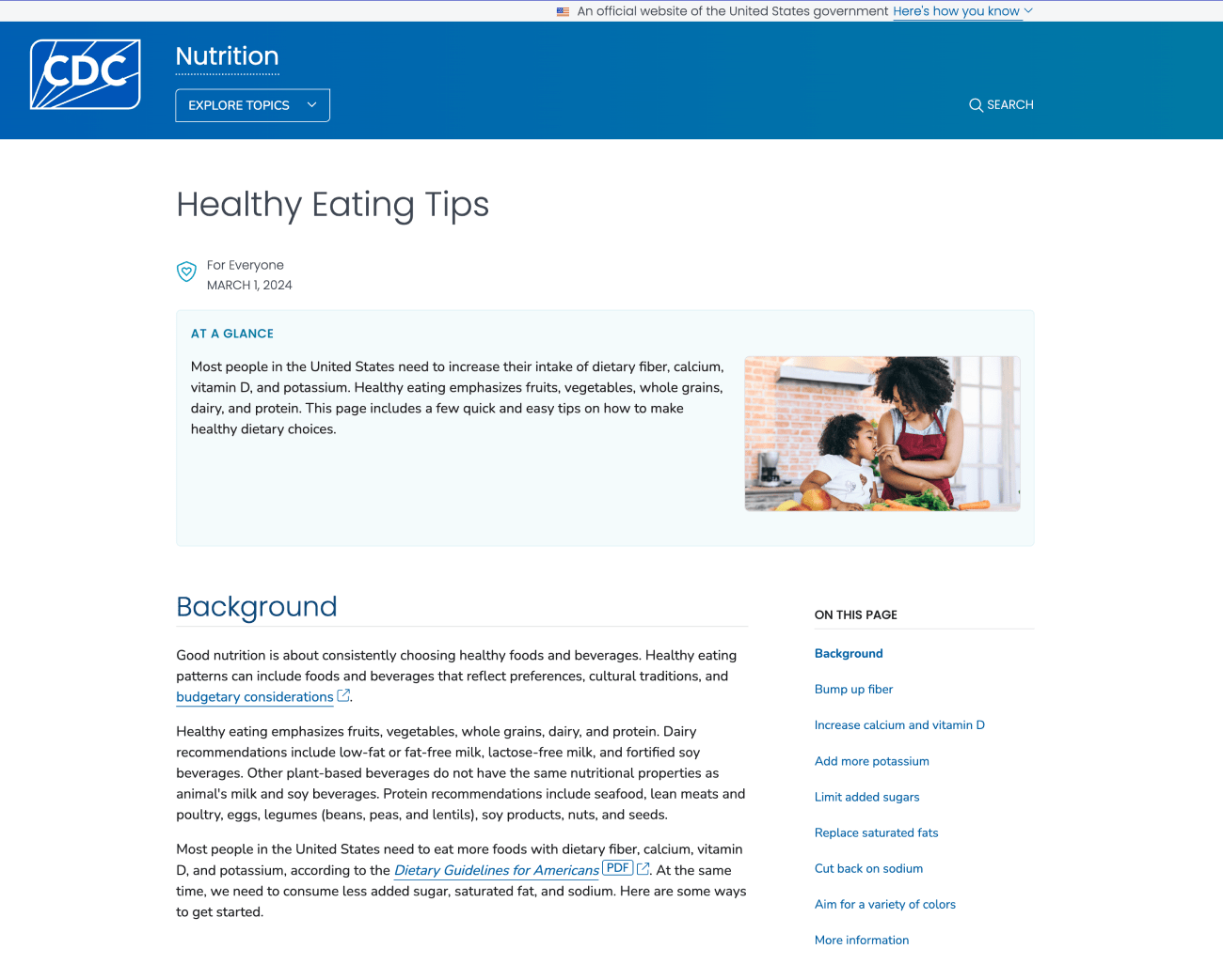 Screenshot of CDC’s “Healthy Eating Tips” Nutrition page.