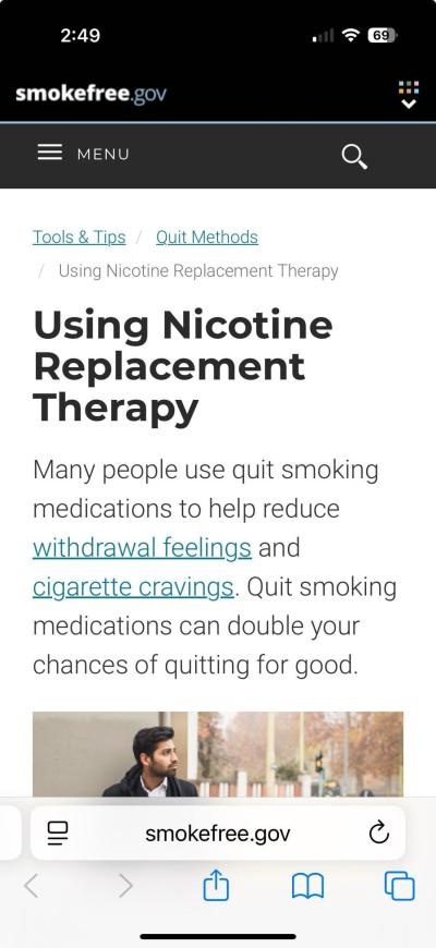 Screenshot of the "Using Nicotine Replacement Therapy" page smokefree.gov, displayed on a smartphone.