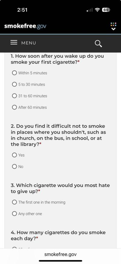 Screenshot of the "How Strong is Your Nicotine Addiction?" quiz on smokefree.gov.
