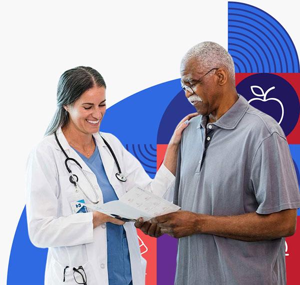 A female doctor with long dark hair wearing a white lab coat reviews paperwork with her older male patient.