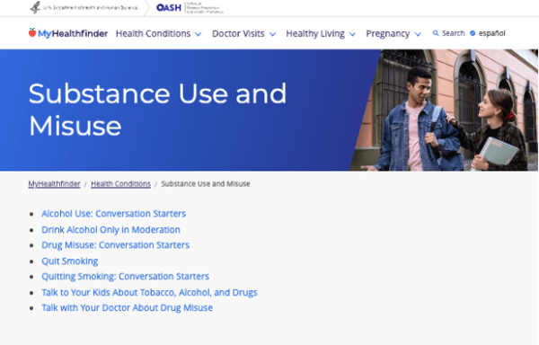 Screenshot of the MyHealthfinder “Substance Use and Misuse” category page.