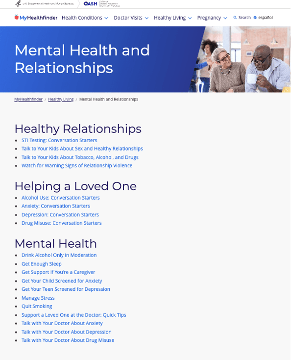 Screenshot of the MyHealthfinder “Mental Health and Relationships” category page.