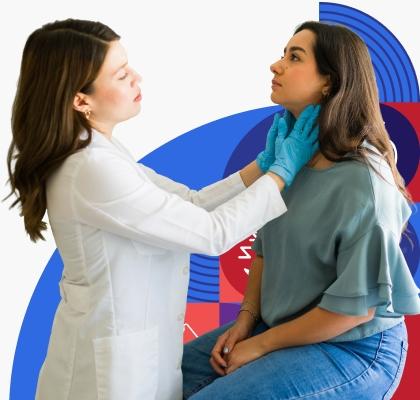 A young woman with light brown skin and dark brown hair is examined by a female provider wearing a white coat.