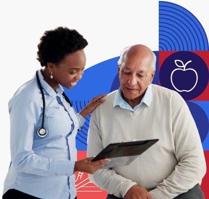 A female provider with brown skin and short dark hair goes over information with an older male patient.