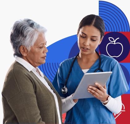 A health care provider shares information with an older woman.