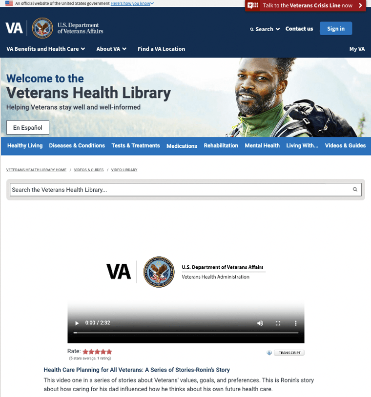 Screenshot of the Veterans Health Library page.