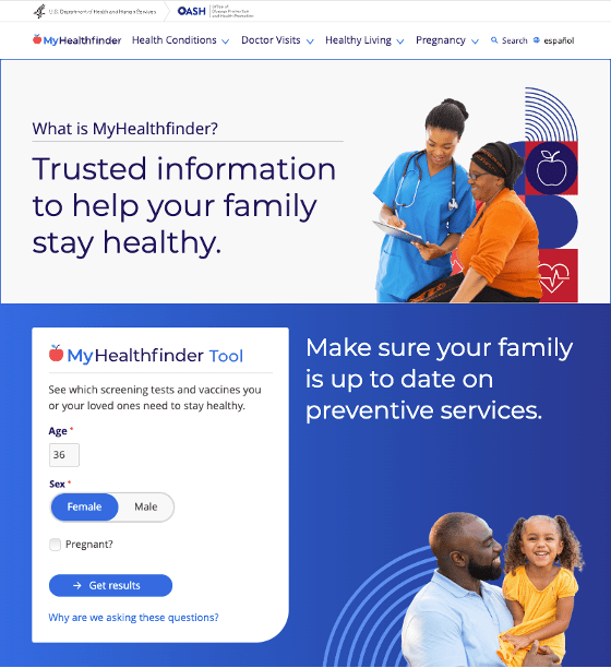 Screenshot of the MyHealthfinder homepage and assessment tool.
