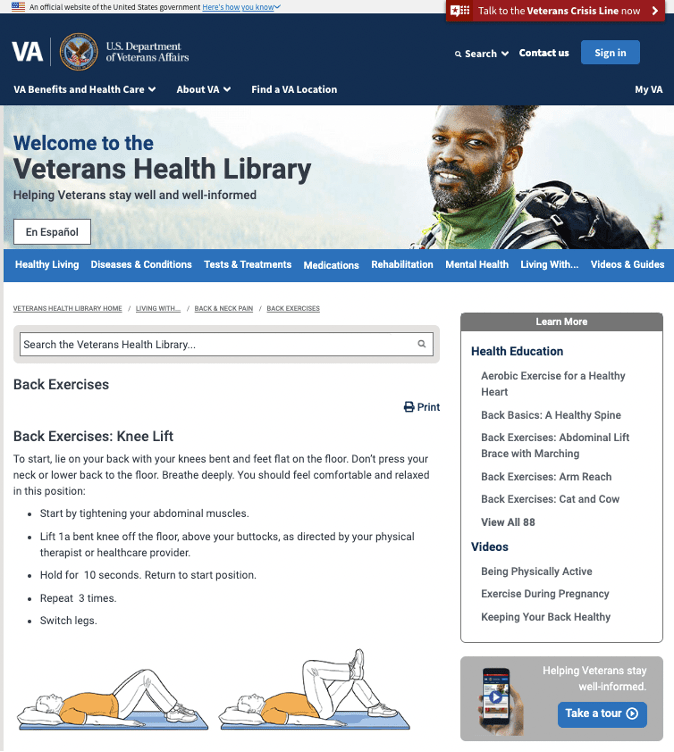 Screenshot of the U.S. Department of Veterans Affairs Veterans Health Library page on back exercises.