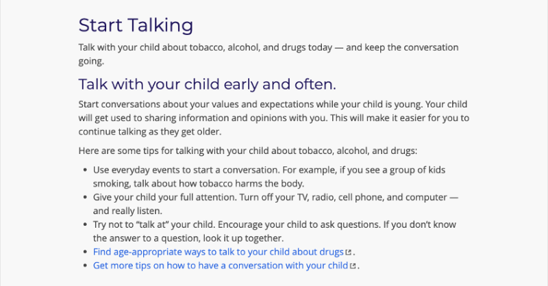 Screenshot of the MyHealthfinder “Talk to Your Kids about Tobacco, Alcohol, and Drugs” page.