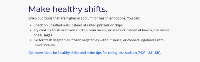 Screenshot of a paragraph with tips for making healthy shifts to eat less sodium (salt).