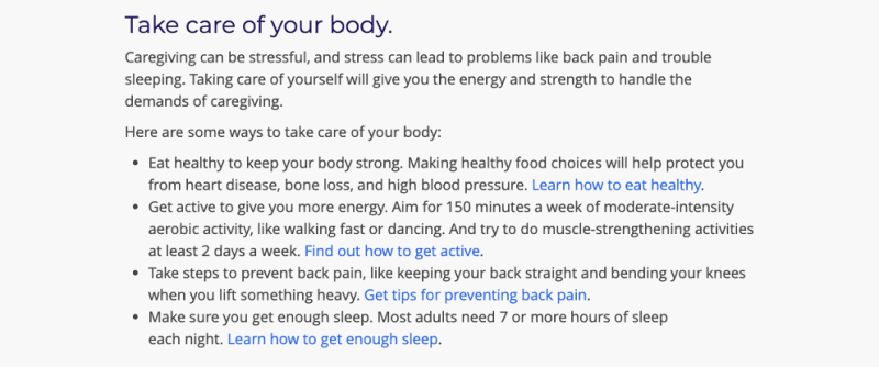 Screenshot of a paragraph with tips for caregivers to take care of their own health.