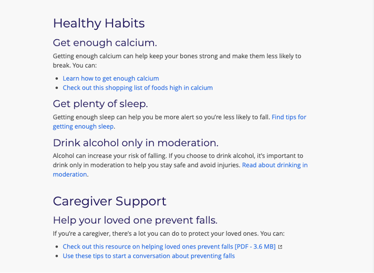 Screenshot of the MyHealthfinder “Lower Your Risk of Falling” page.
