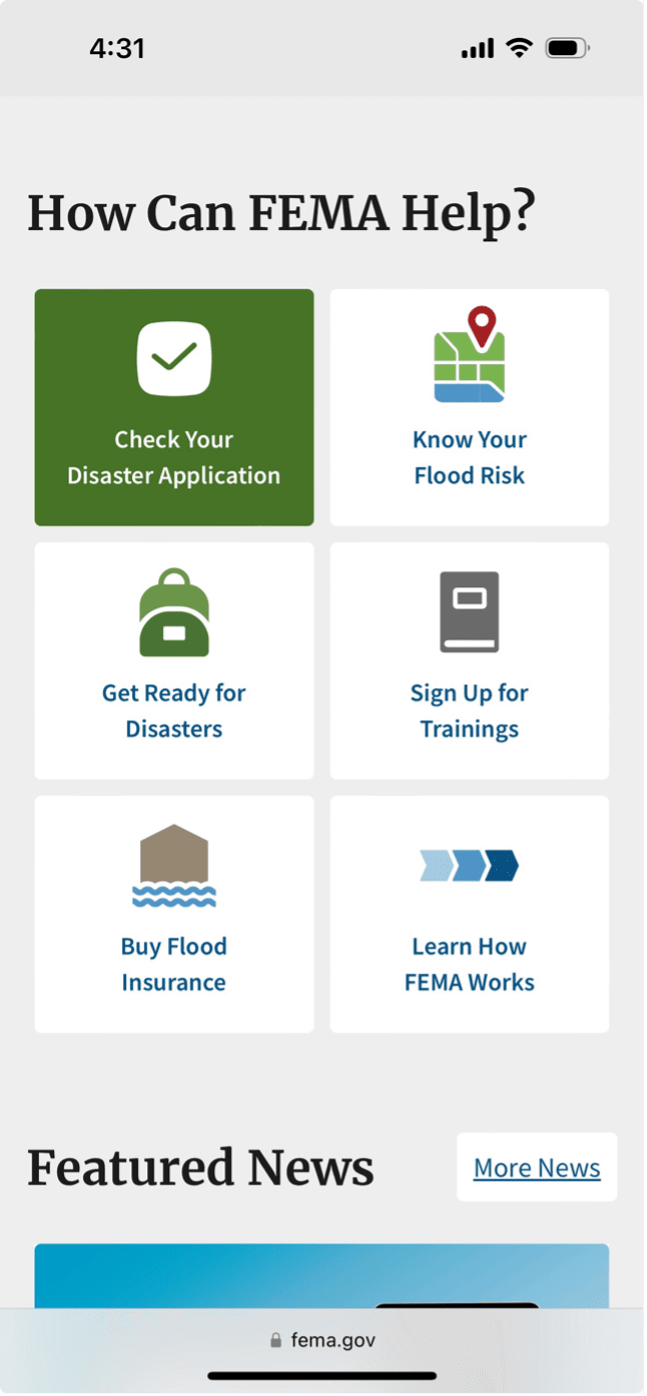 Screenshot of the FEMA homepage, displayed on a smartphone.