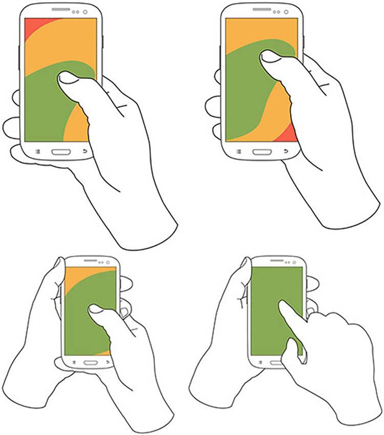 Illustrations of 4 different ways users may hold their mobile phones. Easy-to-reach screen areas are marked in green. Areas that are more difficult to access are marked in yellow and red.