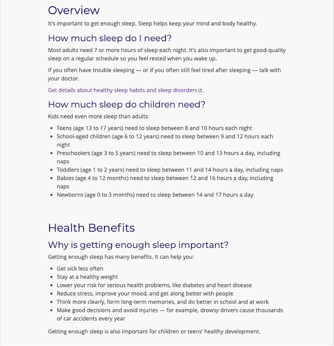 Screenshot of the MyHealthfinder “Get Enough Sleep” page.
