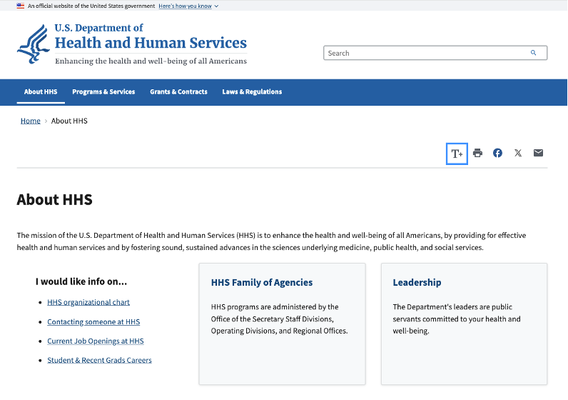 Screenshot of the U.S. Department of Health and Human Services “About HHS” page.