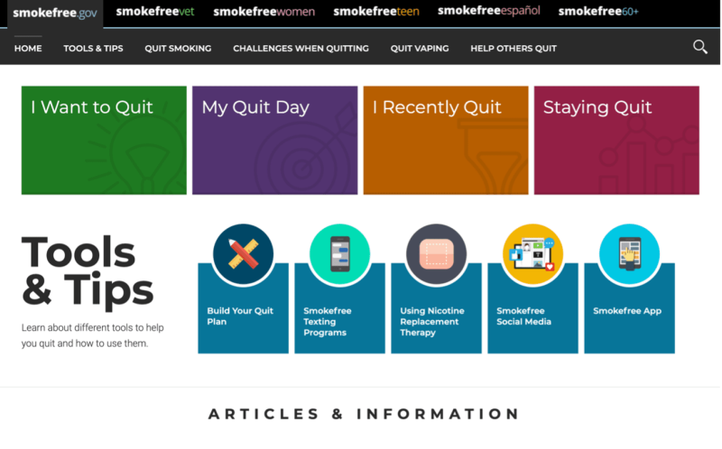 Screenshot of the smokefree.gov homepage.