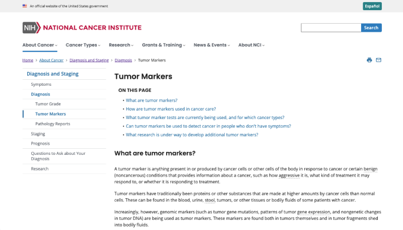 Screenshot of the NCI “Tumor Markers” page.