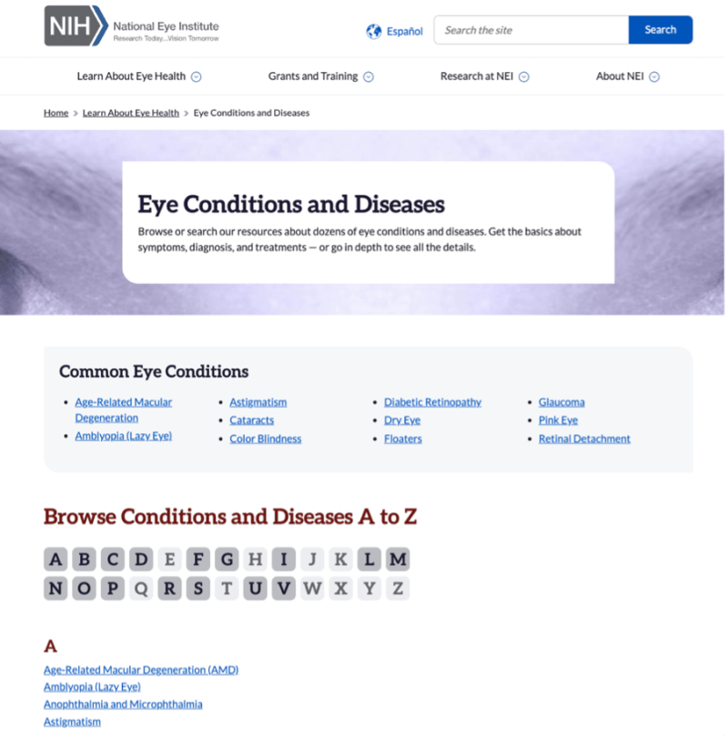 Screenshot of the NEI content library on eye conditions and diseases.