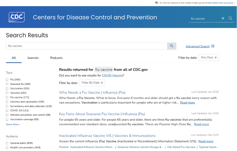 Screenshot of the CDC search results page for “flu vaccine.”