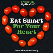 Image of tomatoes aligned in the shape of a heart. Text reads: #NourishMyHealth and Eat Smart For Your Heart. URL reads: nourishmyhealth.org